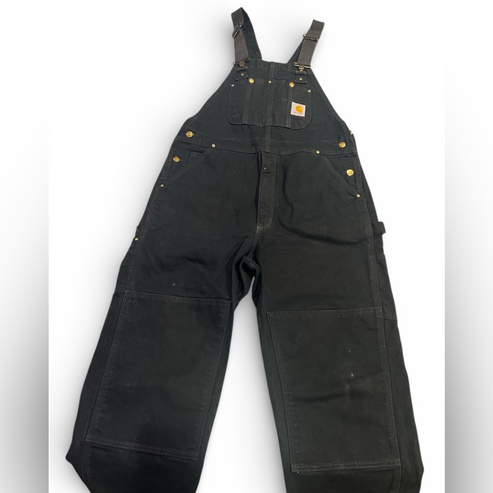 Vintage 90s Carhartt R01 BLK Black Duck Double Knee Bib Overalls size 38 - Picture 1 of 16